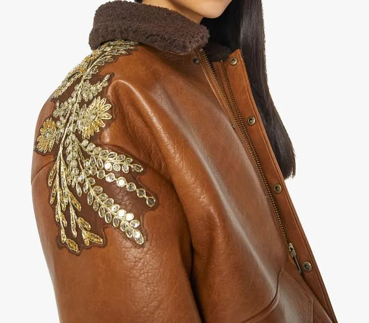 Lapel embroidered leather bomber jacket