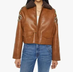 Lapel embroidered leather bomber jacket