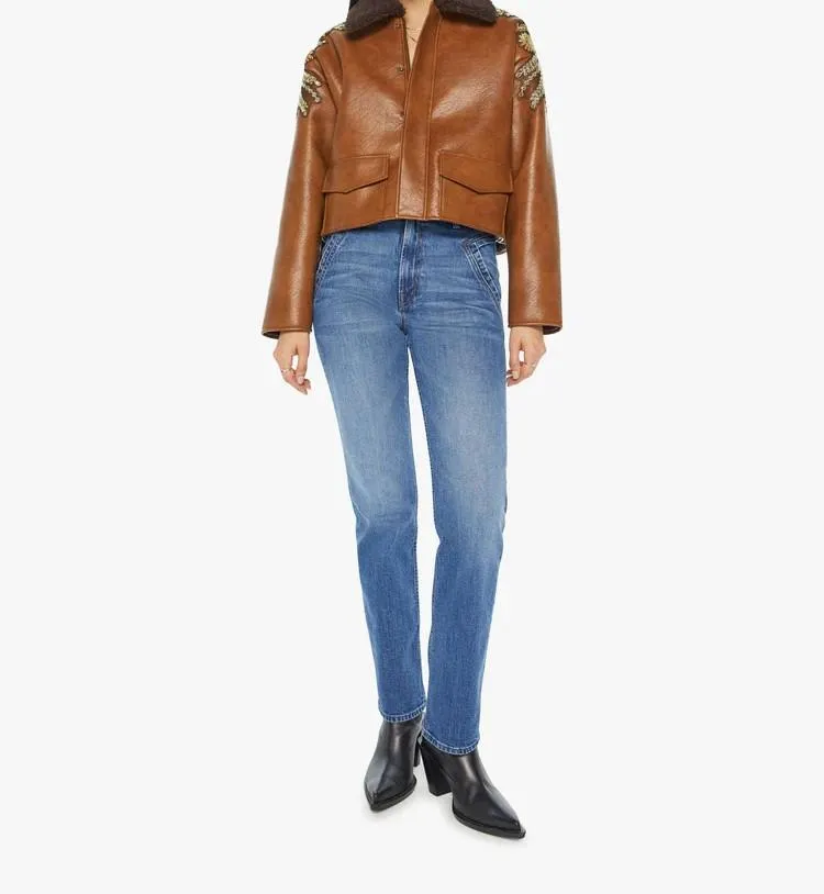 Lapel embroidered leather bomber jacket