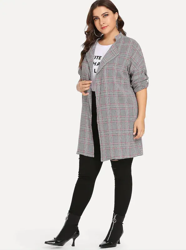 Large Size Women's Fat Mm Long Sleeve Plaid Jacket