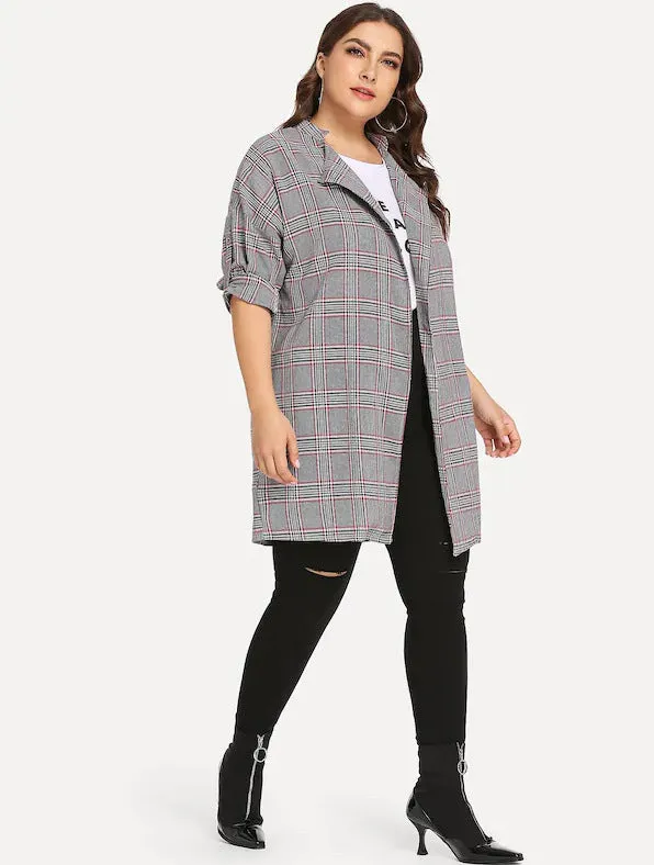 Large Size Women's Fat Mm Long Sleeve Plaid Jacket
