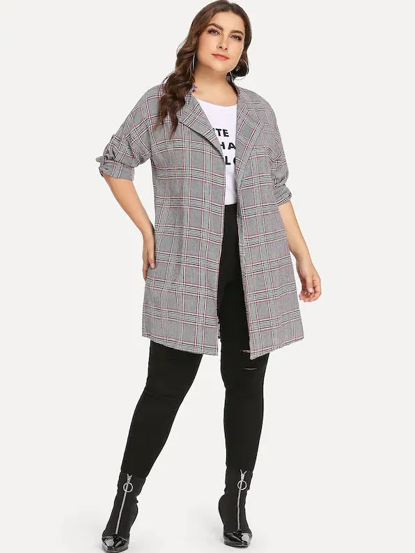 Large Size Women's Fat Mm Long Sleeve Plaid Jacket