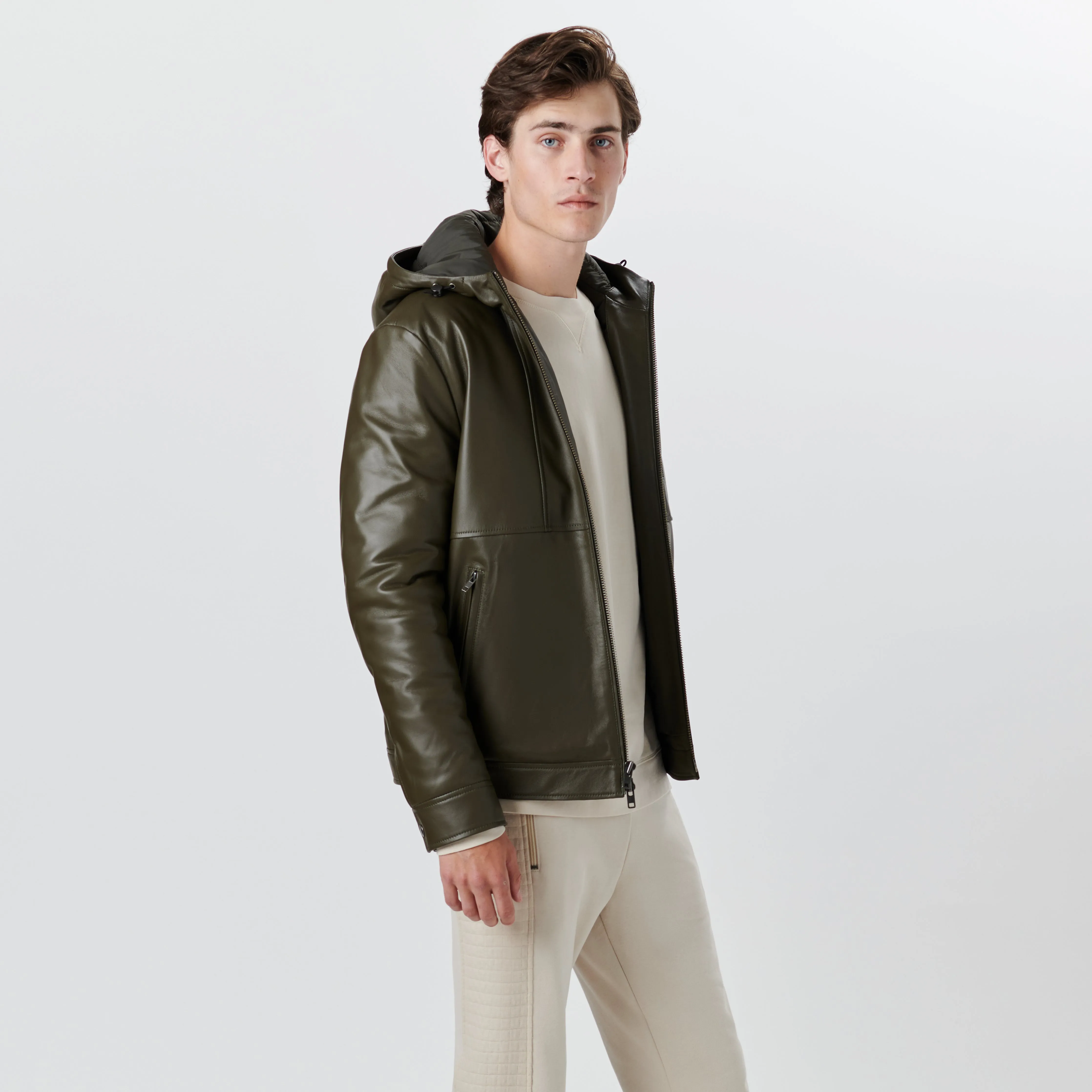 Leather Bomber Jacket with Hood