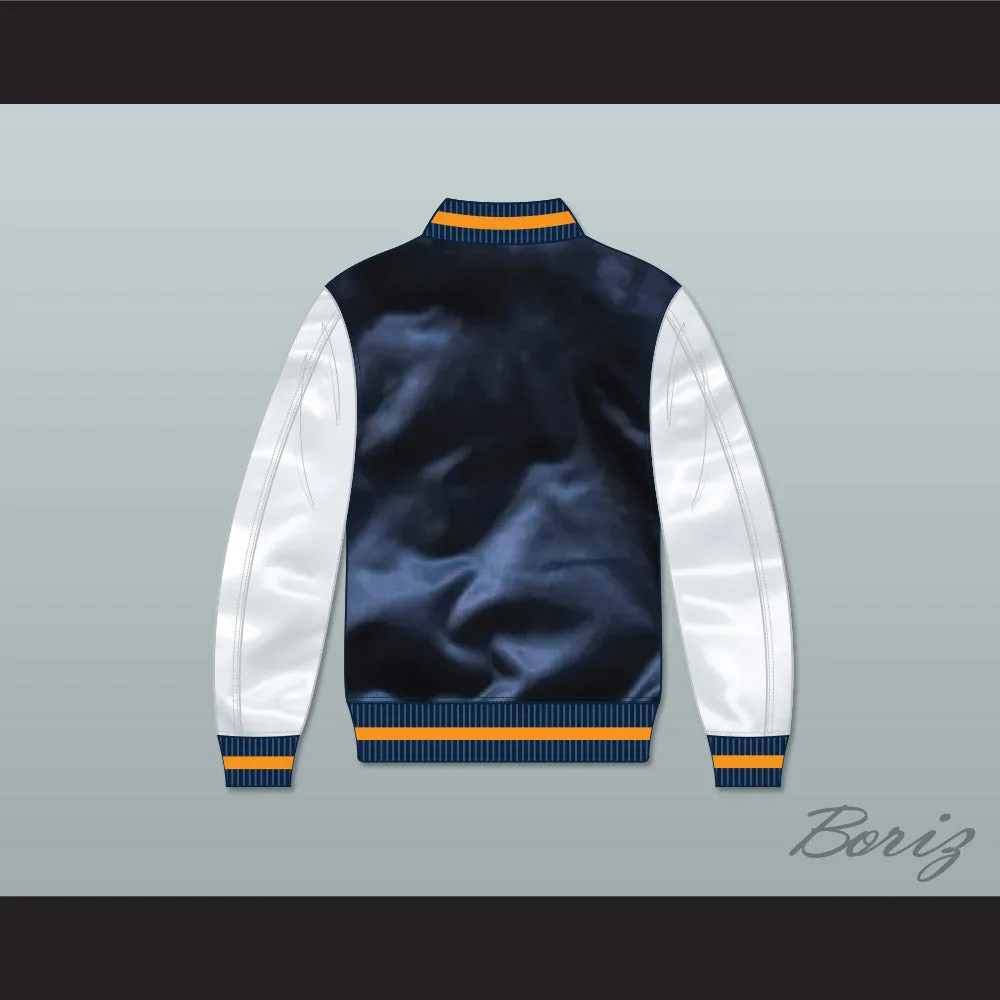 Lethal Weapon 2 Martin Riggs Navy Blue and White Varsity Letterman Satin Bomber Jacket