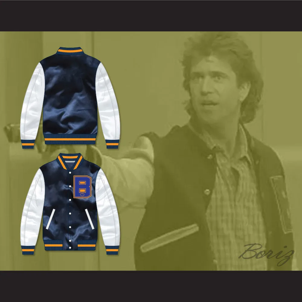 Lethal Weapon 2 Martin Riggs Navy Blue and White Varsity Letterman Satin Bomber Jacket