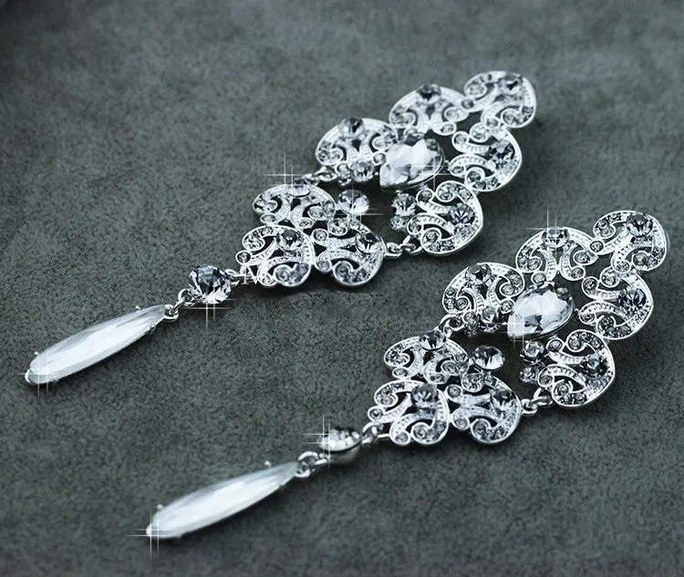 Long Drop Silver Rhinestone Crystal Earrings