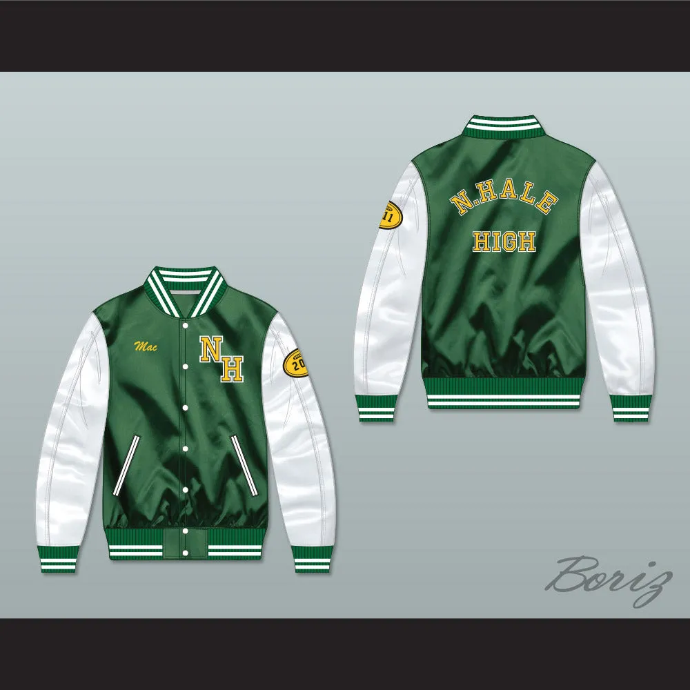 Mac N.Hale High School Green/ White Varsity Letterman Satin Bomber Jacket