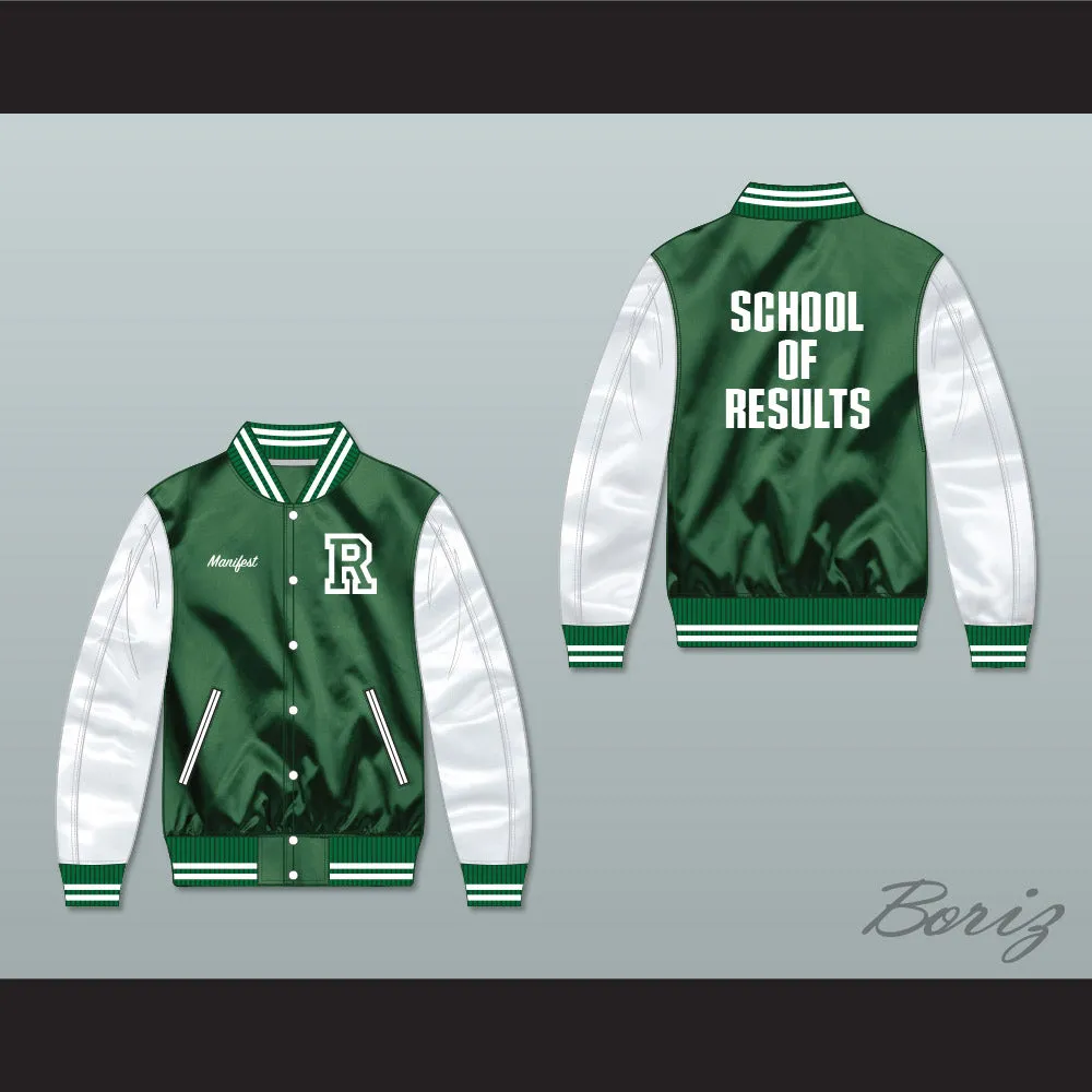 Manifest School of Results Green/ White Varsity Letterman Satin Bomber Jacket