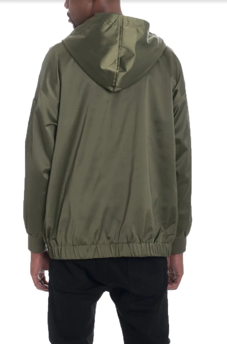 Man's Olive Satin Hooded Bomber Jacket