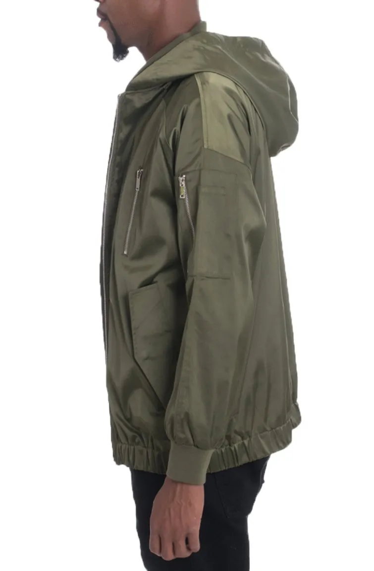 Man's Olive Satin Hooded Bomber Jacket