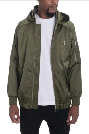 Man's Olive Satin Hooded Bomber Jacket