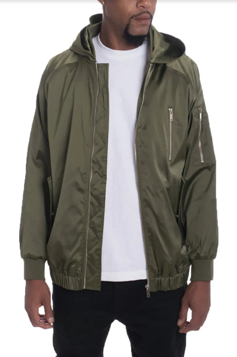Man's Olive Satin Hooded Bomber Jacket