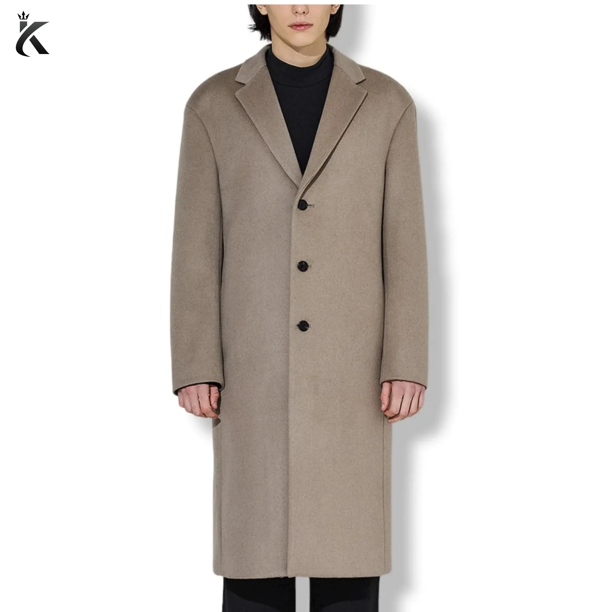Men's Chesterfield Long Overcoat Wool & Cashmere Warm Winter Single Breasted Coat - Ash Beige and Black Trench Coat