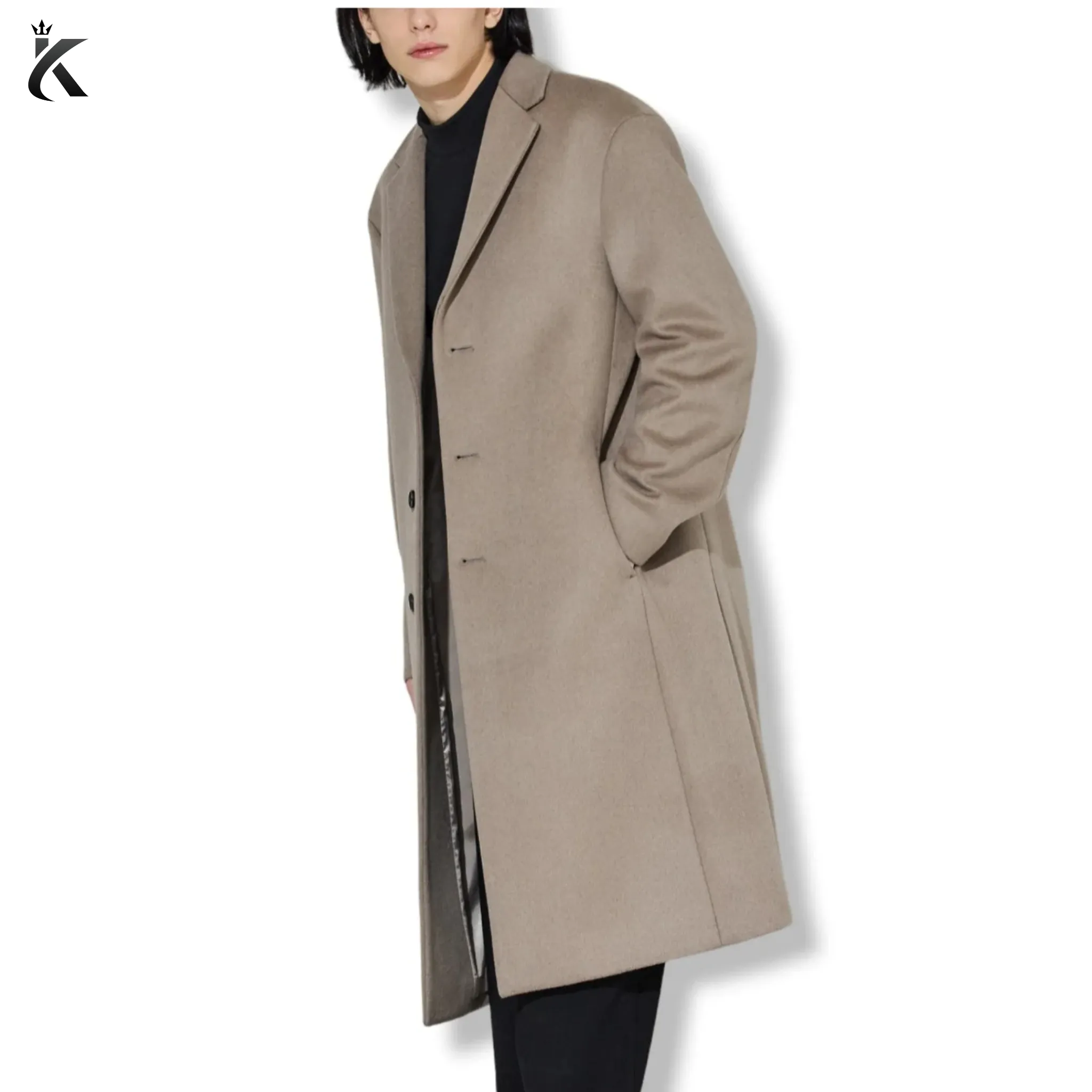 Men's Chesterfield Long Overcoat Wool & Cashmere Warm Winter Single Breasted Coat - Ash Beige and Black Trench Coat