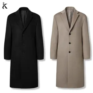 Men's Chesterfield Long Overcoat Wool & Cashmere Warm Winter Single Breasted Coat - Ash Beige and Black Trench Coat