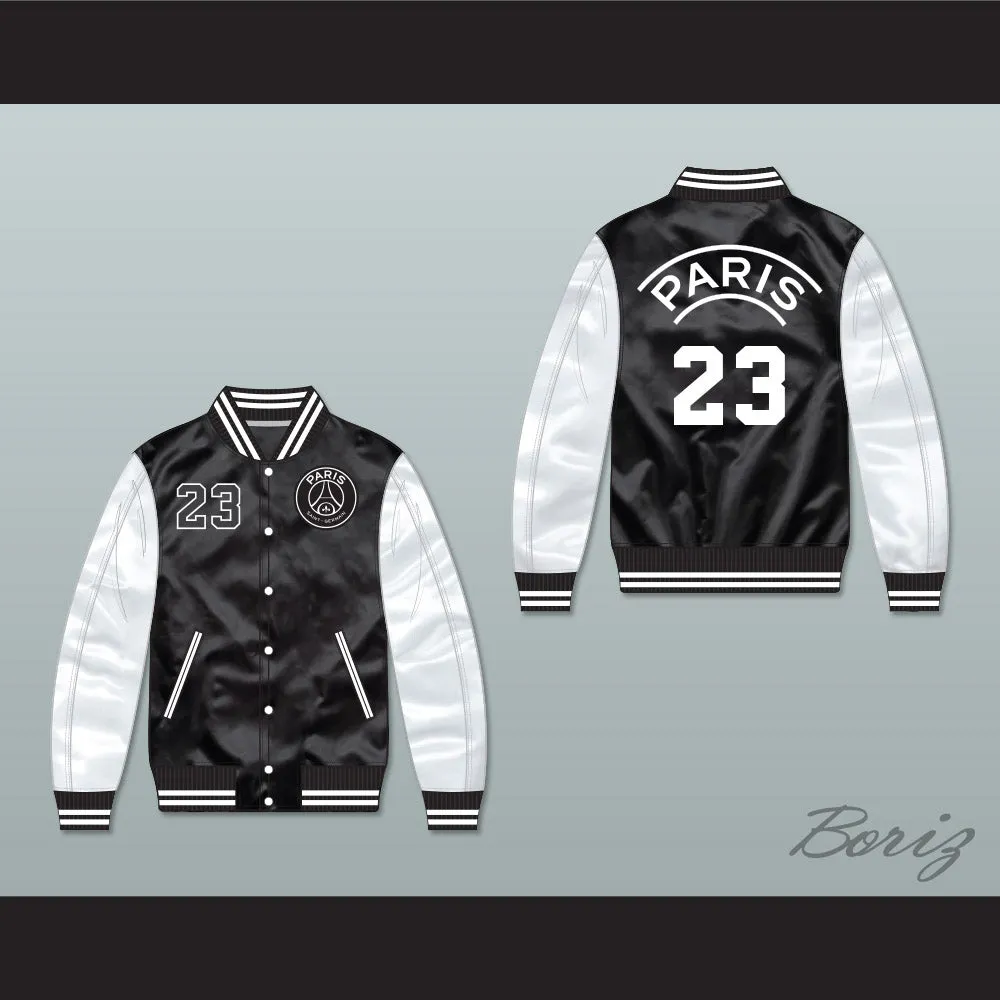 Michael Jordan 23 Paris Saint-Germain F.C. Black/ White Varsity Letterman Satin Bomber Jacket
