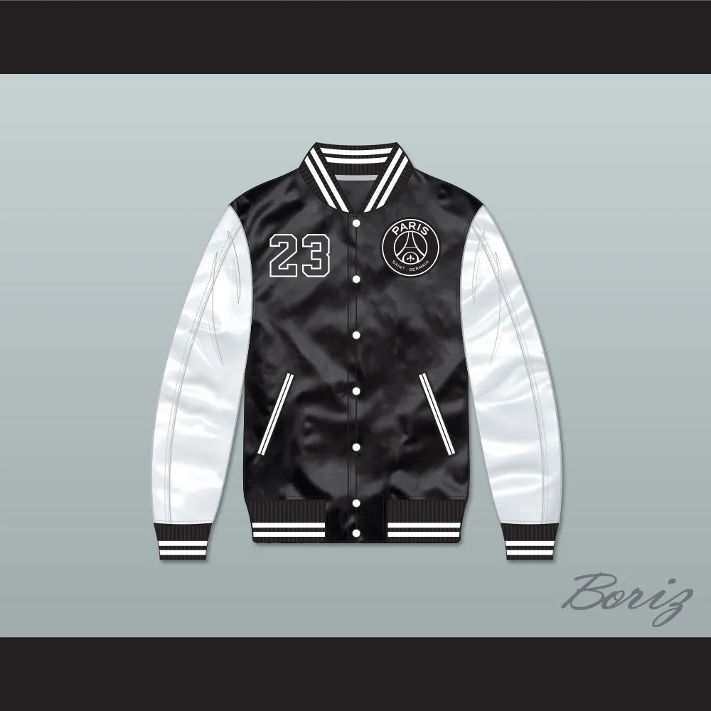 Michael Jordan 23 Paris Saint-Germain F.C. Black/ White Varsity Letterman Satin Bomber Jacket