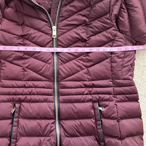 MICHAEL Michael Kors Burgundy Long Hooded Ultra Light Weight Down Fill Coat  1X