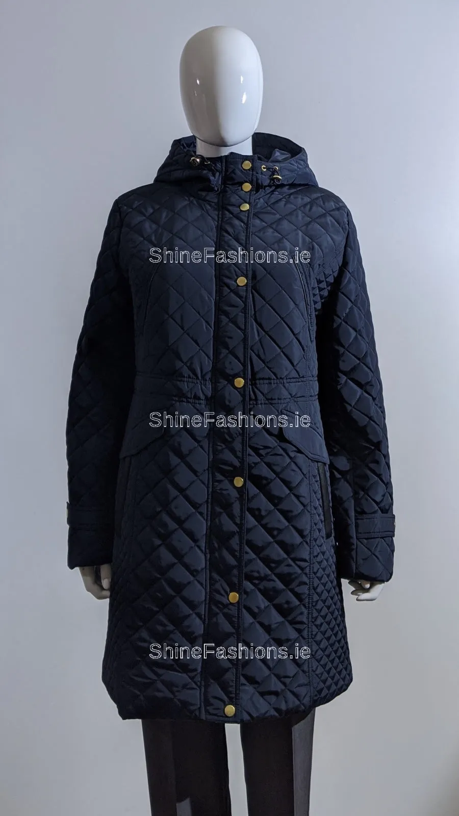 Navy Quilted Hooded Long Coat