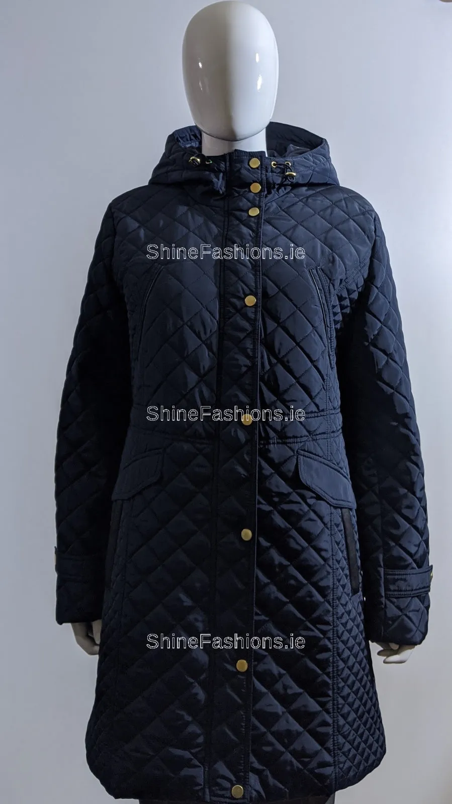 Navy Quilted Hooded Long Coat