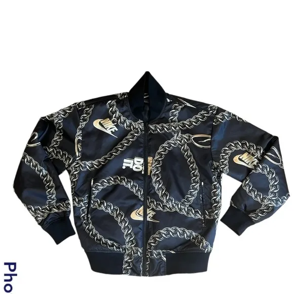 Nike Women’s satin black with gold chain bomber jacket size XS