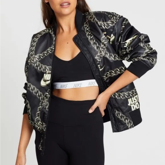 Nike Women’s satin black with gold chain bomber jacket size XS