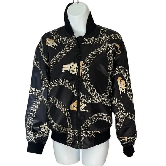 Nike Women’s satin black with gold chain bomber jacket size XS