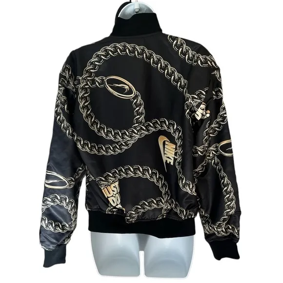 Nike Women’s satin black with gold chain bomber jacket size XS