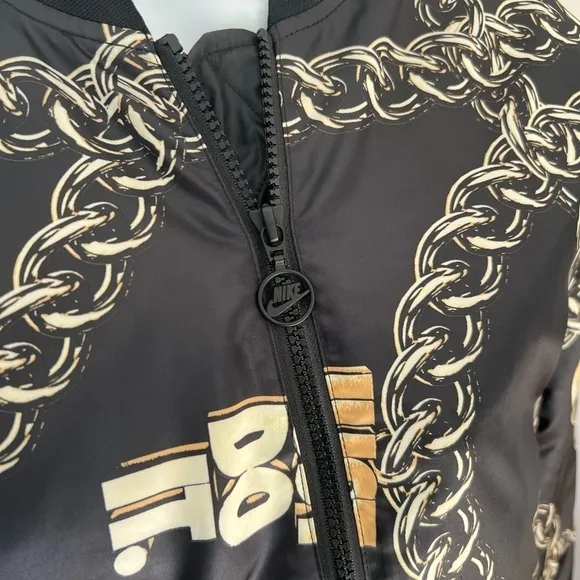 Nike Women’s satin black with gold chain bomber jacket size XS