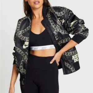 Nike Women’s satin black with gold chain bomber jacket size XS
