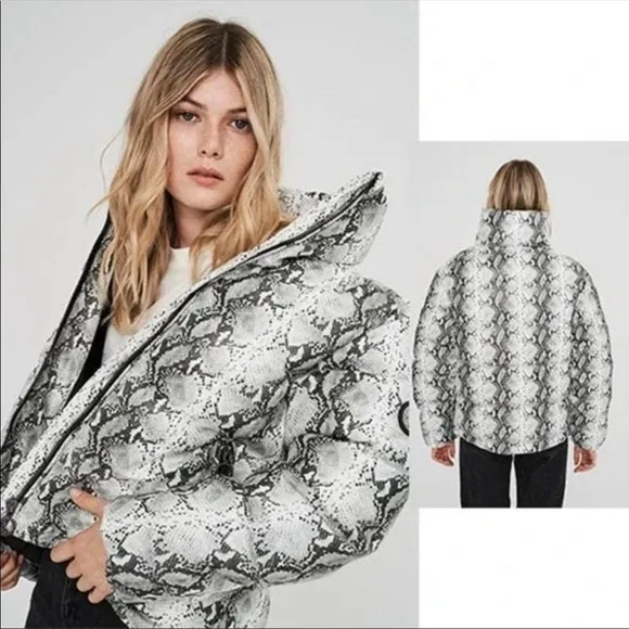 NOIZE Jozy Vegan Faux Leather Snake Print Midweight Puffer Jacket M NWT