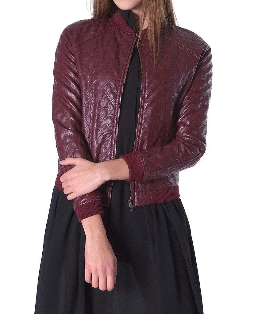 NorthManPlus Women's Leather Bomber Biker Burgundy Jacket