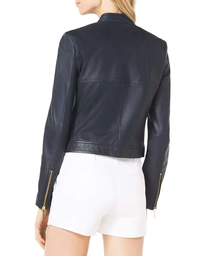 NorthManPlus Women's Leather Bomber Biker Navy Blue Jacket