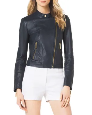 NorthManPlus Women's Leather Bomber Biker Navy Blue Jacket