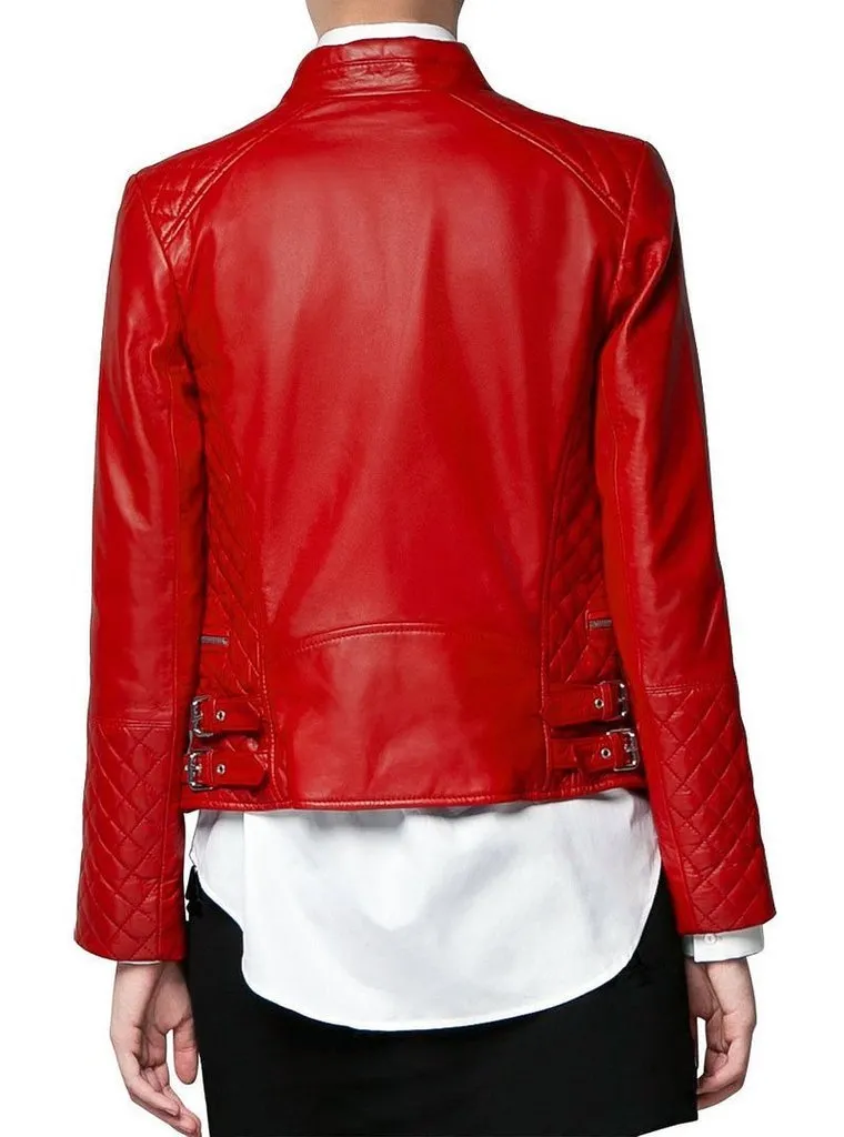 NorthManPlus Women's Leather Bomber Biker Red Jacket