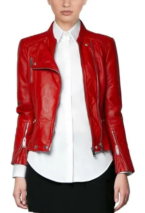 NorthManPlus Women's Leather Bomber Biker Red Jacket