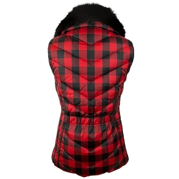 NWT Talbots Down Puffer Vest with Removable Fur Collar Buffalo Check Size XS