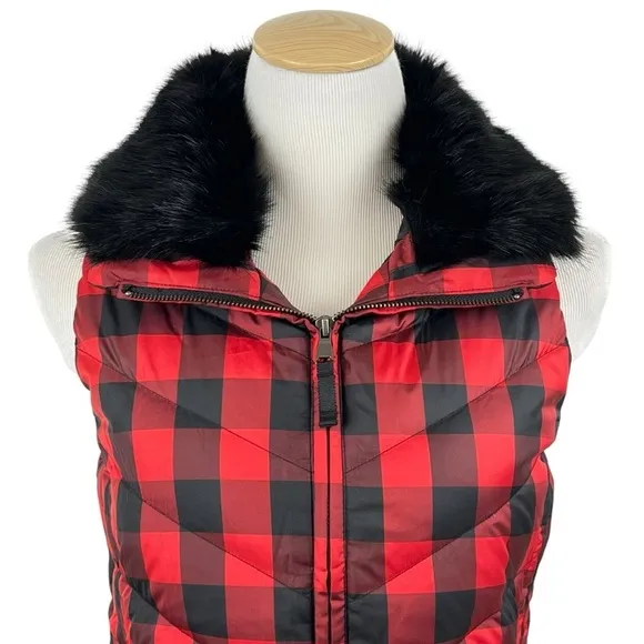 NWT Talbots Down Puffer Vest with Removable Fur Collar Buffalo Check Size XS