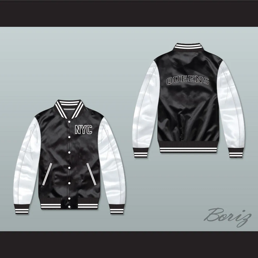 NYC Queens Black/ White Varsity Letterman Satin Bomber Jacket