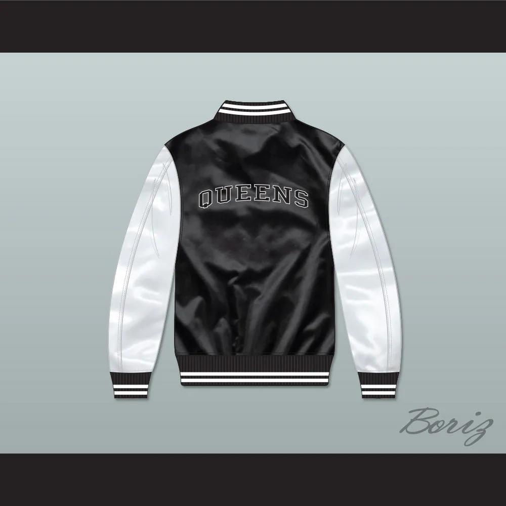 NYC Queens Black/ White Varsity Letterman Satin Bomber Jacket