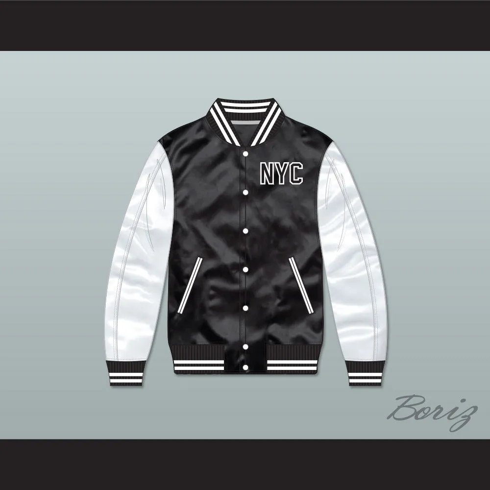 NYC Staten Island Black/ White Varsity Letterman Satin Bomber Jacket
