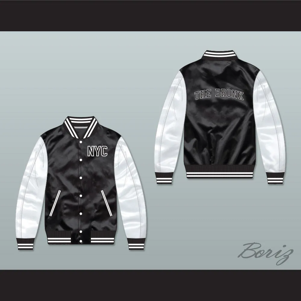 NYC The Bronx Black/ White Varsity Letterman Satin Bomber Jacket
