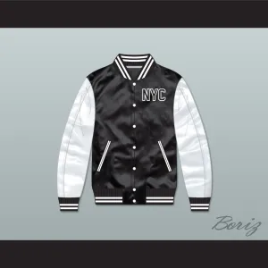 NYC The Bronx Black/ White Varsity Letterman Satin Bomber Jacket