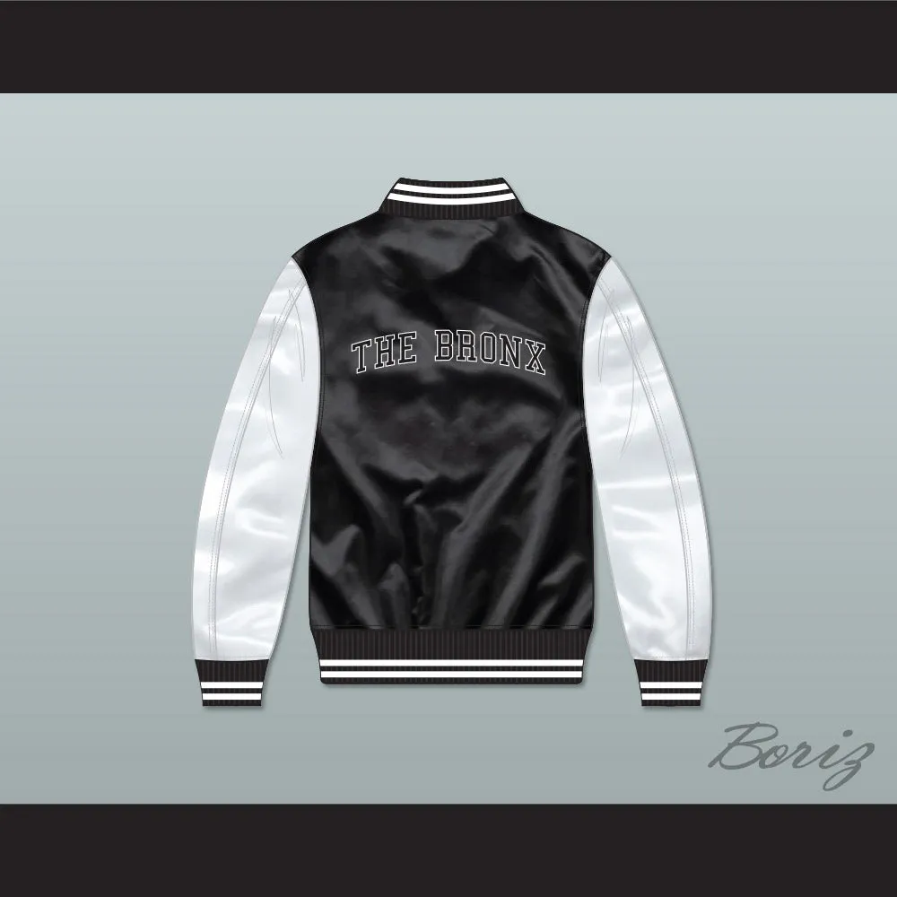 NYC The Bronx Black/ White Varsity Letterman Satin Bomber Jacket