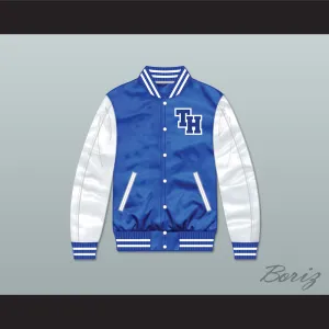 One Tree Hill Ravens High School Blue/ White Varsity Letterman Satin Bomber Jacket