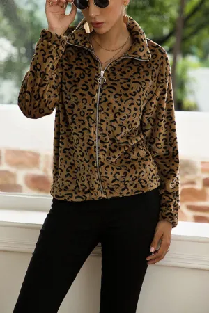 Original Design Long-sleeved Lapel Zipper Fashion Plush Leopard Ladies Sweater Coat