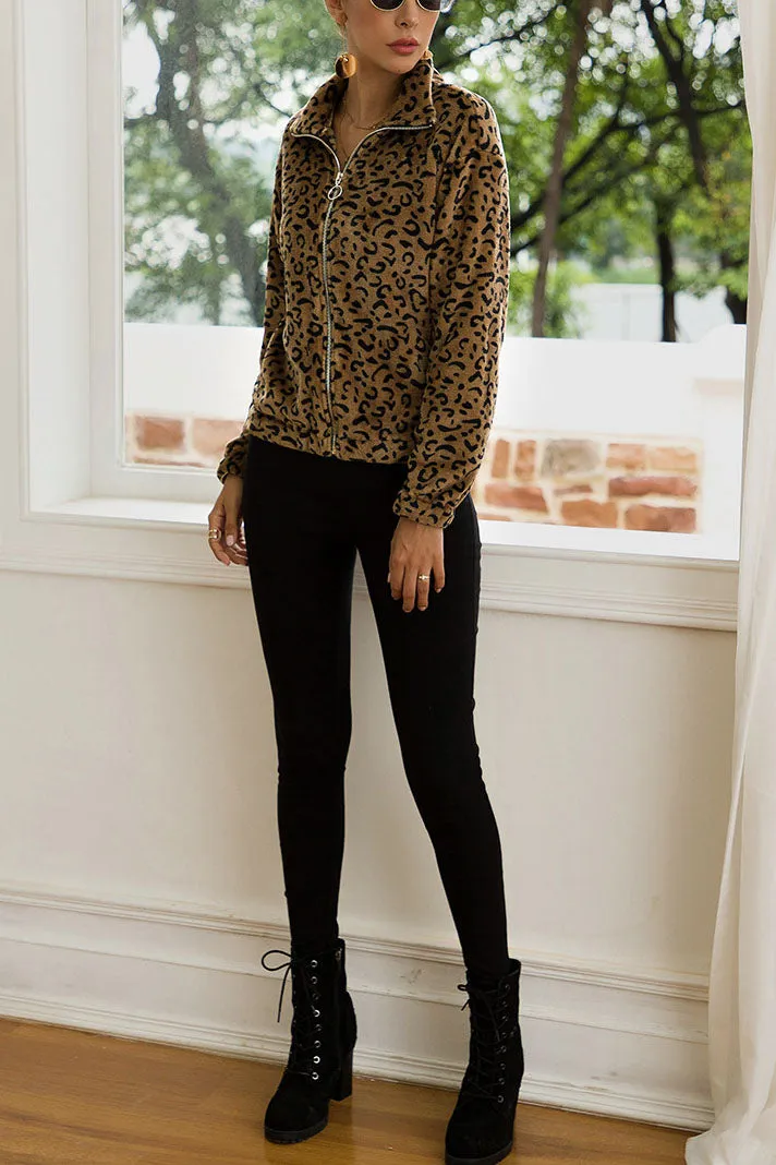 Original Design Long-sleeved Lapel Zipper Fashion Plush Leopard Ladies Sweater Coat