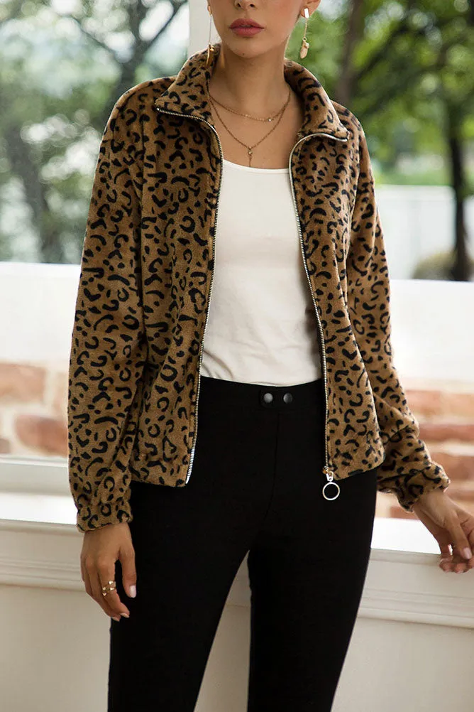 Original Design Long-sleeved Lapel Zipper Fashion Plush Leopard Ladies Sweater Coat