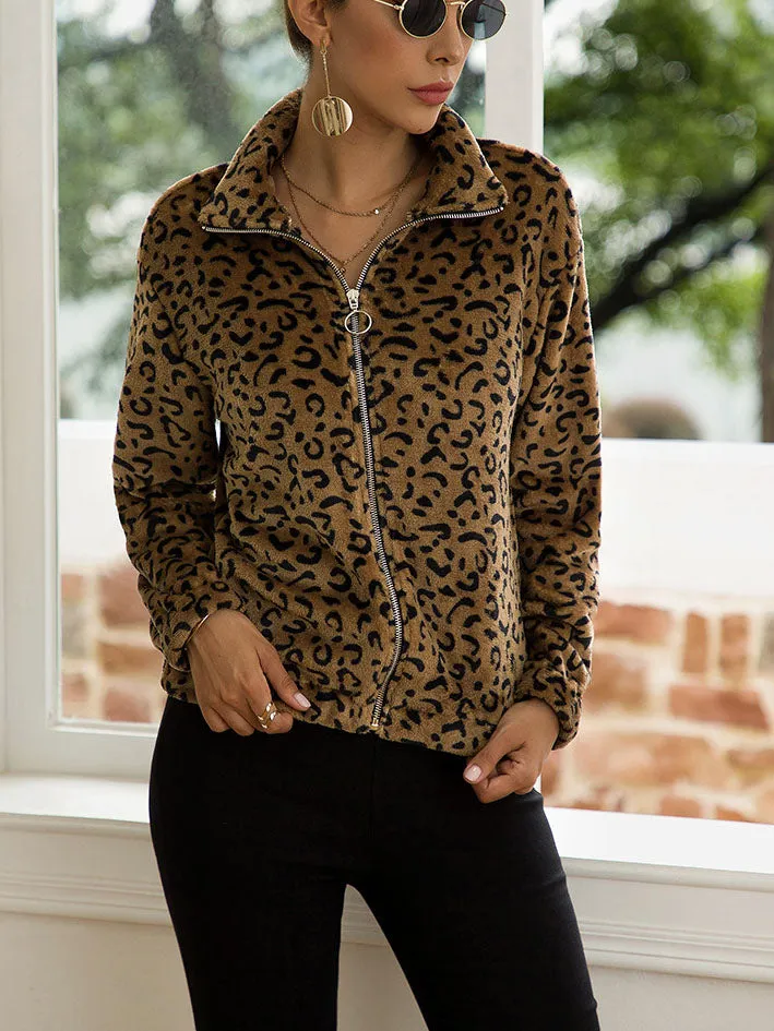 Original Design Long-sleeved Lapel Zipper Fashion Plush Leopard Ladies Sweater Coat