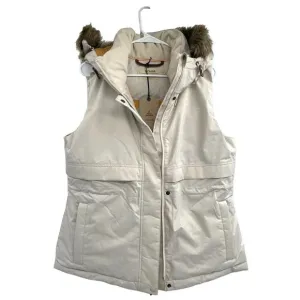 Prana Women's Puffer Down Vest Banajaara Size Medium Faux Fur Hood Pebble Gray